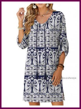 Zeagoo Boho Beach Summer Dress V-Neck 3/4 Sleeve Mini Rayon